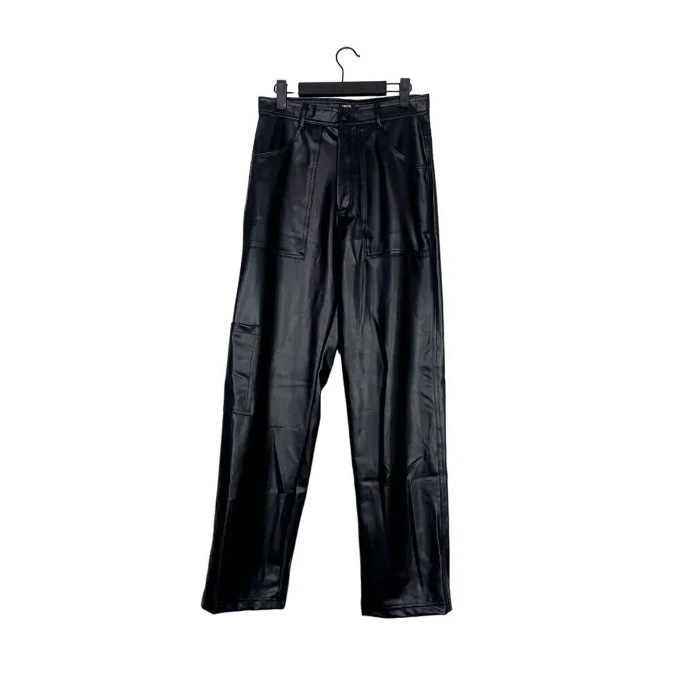ZARA Wide Leg High Rise Faux Leather Edgy Moto Biker Full Length Pants M Black - Picture 16 of 16